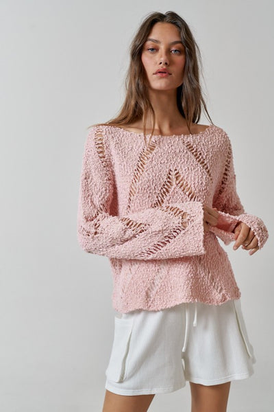 Stay effortlessly cool in our pink Boucle Light Weight Boat Neck Sweater Top. With a playful boat neckline and lightweight material, this sweet top is perfect for any casual outing. The perfect addition to your wardrobe! Product Details: 100% polyester