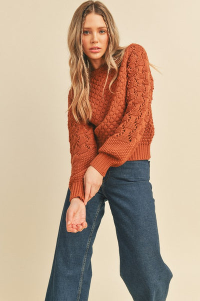 Our brick Pointelle knit sweater is guaranteed to elevate your layering game! With a ribbed crew neck, long puff sleeves mixed with ribbed cuffs, and a ribbed hem, it's a cozy-yet-sophisticated style. Pointelle knit is a delicate and intricate technique that adds both femininity and texture--check out the beautiful pattern details! You'll love to snuggle up in this one. Product Details: 100% Acrylic Size up for roomier fit Long puff sleeves Pullover style Ribbed hem Crew neck