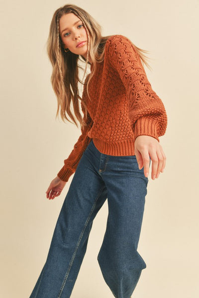 Our brick Pointelle knit sweater is guaranteed to elevate your layering game! With a ribbed crew neck, long puff sleeves mixed with ribbed cuffs, and a ribbed hem, it's a cozy-yet-sophisticated style. Pointelle knit is a delicate and intricate technique that adds both femininity and texture--check out the beautiful pattern details! You'll love to snuggle up in this one. Product Details: 100% Acrylic Size up for roomier fit Long puff sleeves Pullover style Ribbed hem Crew neck