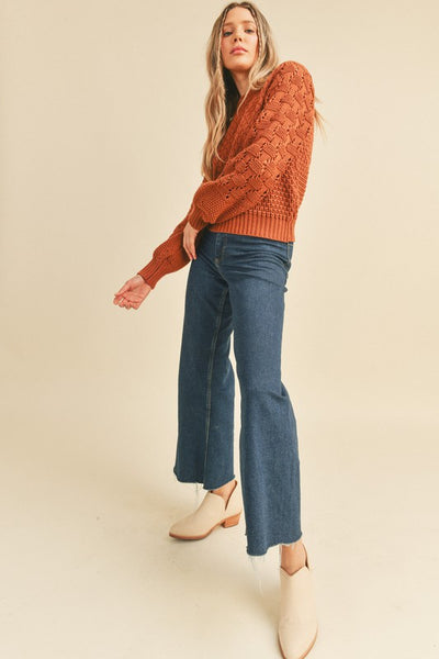 Our brick Pointelle knit sweater is guaranteed to elevate your layering game! With a ribbed crew neck, long puff sleeves mixed with ribbed cuffs, and a ribbed hem, it's a cozy-yet-sophisticated style. Pointelle knit is a delicate and intricate technique that adds both femininity and texture--check out the beautiful pattern details! You'll love to snuggle up in this one. Product Details: 100% Acrylic Size up for roomier fit Long puff sleeves Pullover style Ribbed hem Crew neck