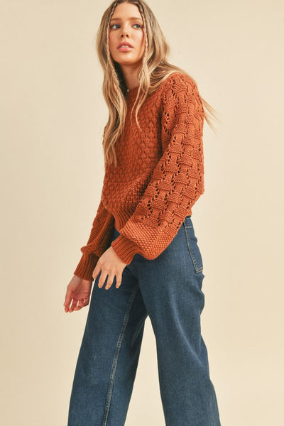 Our brick Pointelle knit sweater is guaranteed to elevate your layering game! With a ribbed crew neck, long puff sleeves mixed with ribbed cuffs, and a ribbed hem, it's a cozy-yet-sophisticated style. Pointelle knit is a delicate and intricate technique that adds both femininity and texture--check out the beautiful pattern details! You'll love to snuggle up in this one. Product Details: 100% Acrylic Size up for roomier fit Long puff sleeves Pullover style Ribbed hem Crew neck