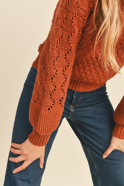 Our brick Pointelle knit sweater is guaranteed to elevate your layering game! With a ribbed crew neck, long puff sleeves mixed with ribbed cuffs, and a ribbed hem, it's a cozy-yet-sophisticated style. Pointelle knit is a delicate and intricate technique that adds both femininity and texture--check out the beautiful pattern details! You'll love to snuggle up in this one. Product Details: 100% Acrylic Size up for roomier fit Long puff sleeves Pullover style Ribbed hem Crew neck