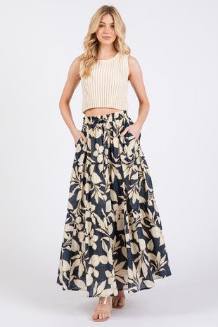 Navy Floral Tiered Midi Skirt