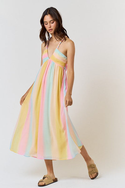 <p data-mce-fragment="1">Express your playful side with our Rainbow Maxi Dress. This dress features pastel stripes and a braided halter design, perfect for a fun and stylish look. Embrace the vibrant colors and make a statement wherever you go.</p> <p data-mce-fragment="1">Product Features:</p> <ul> <li>100% Polyester</li> <li>Lined</li> </ul>