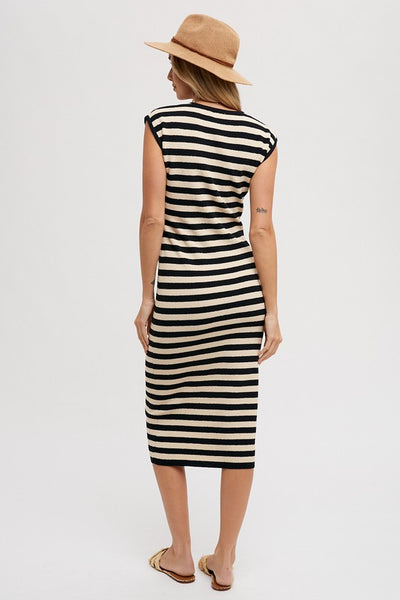 Our Striped Tank Midi Dress is the must have dress of the summer! This chic dress features a unique blend of contrasting stripe patterns in bold, complementary black and cream colors. The sleeveless tank-style top creates a vibrant yet sophisticated look, while the elegant midi length makes it perfect for any occasion. . Product Features: 41% Acrylic, 37% Cotton, 22% Nylon Sleeveless Midi length