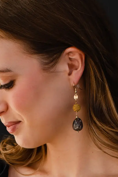 Three Tier Gold Stone Dangle Earrings