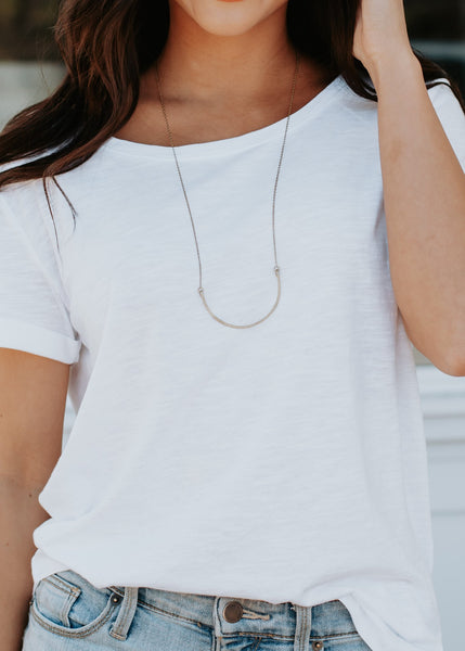 Doesn't this long gold U shaped necklace make you want to smile! Necklace is lead and nickel free.