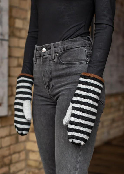Keep your hands warm this winter with these grey and black striped fleeced lined mittens. The perfect color combo to pair perfectly with all your winter coats. Product Details: Fleece lined