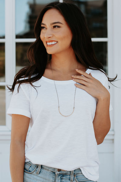 Doesn't this long gold U shaped necklace make you want to smile! Necklace is lead and nickel free.