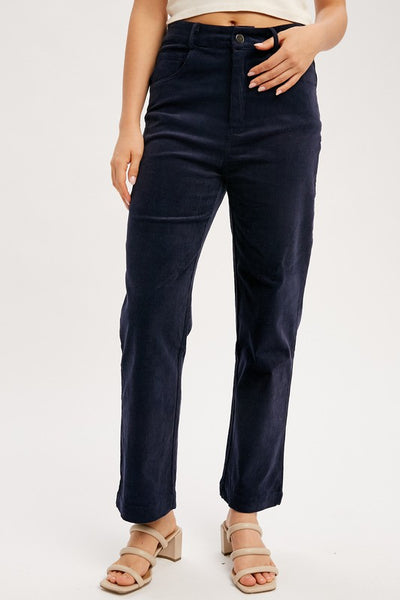 Classic cords blended with stretch equals a perfect pair of pants! Featuring a stunning midnight blue color with a straight leg ankle fit. You'll love these pants! Product Features: 97% Cotton, 3% Spandex Corduroy pant with stretch Straight ankle length Classic 5 pockets Button and hidden zipper closure Belt loops Model is 5'8" and is wearing a small