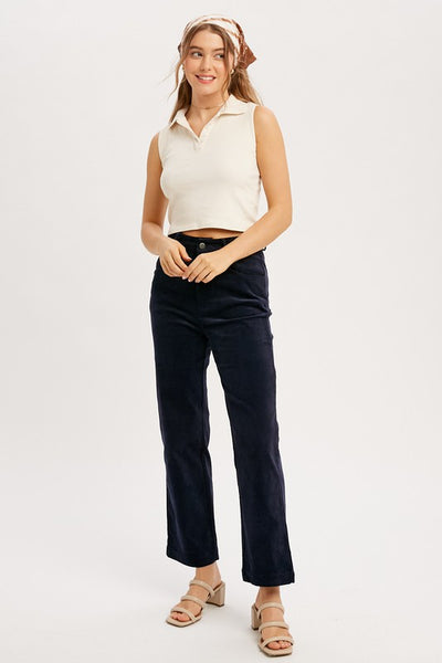 Classic cords blended with stretch equals a perfect pair of pants! Featuring a stunning midnight blue color with a straight leg ankle fit. You'll love these pants! Product Features: 97% Cotton, 3% Spandex Corduroy pant with stretch Straight ankle length Classic 5 pockets Button and hidden zipper closure Belt loops Model is 5'8" and is wearing a small