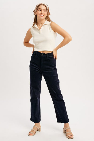 Classic cords blended with stretch equals a perfect pair of pants! Featuring a stunning midnight blue color with a straight leg ankle fit. You'll love these pants! Product Features: 97% Cotton, 3% Spandex Corduroy pant with stretch Straight ankle length Classic 5 pockets Button and hidden zipper closure Belt loops Model is 5'8" and is wearing a small