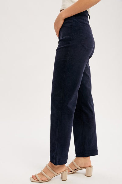 Classic cords blended with stretch equals a perfect pair of pants! Featuring a stunning midnight blue color with a straight leg ankle fit. You'll love these pants! Product Features: 97% Cotton, 3% Spandex Corduroy pant with stretch Straight ankle length Classic 5 pockets Button and hidden zipper closure Belt loops Model is 5'8" and is wearing a small