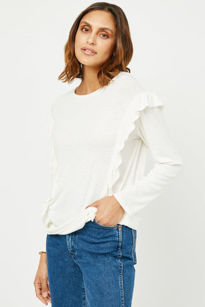 A twist on the classic white top! A ruffled drop shoulder and marled ribbed knit provides the right amount of stretch. Pair with our October Olive Joggers or your favorite pair of jeans for an instant outfit you'll love! Product Details: 99% Rayon, 5% Spandex Off white Knit fabric Ruffle details Rounded neckline Care - hand wash cold