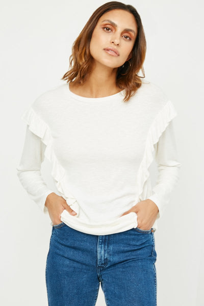 A twist on the classic white top! A ruffled drop shoulder and marled ribbed knit provides the right amount of stretch. Pair with our October Olive Joggers or your favorite pair of jeans for an instant outfit you'll love! Product Details: 99% Rayon, 5% Spandex Off white Knit fabric Ruffle details Rounded neckline Care - hand wash cold