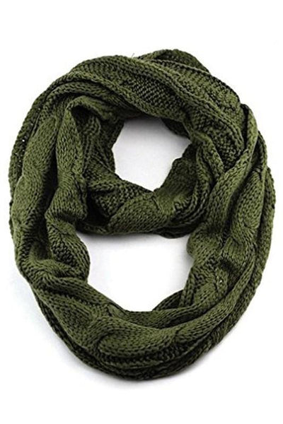 Stay cozy warm with this CC knit infinity scarf in three beautiful colors - grey, mustard and olive.