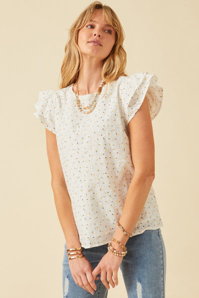 This ivory ditsy print eyelet top is so sweet. Featuring a luxe eyelet design that is oh-so feminine. With ruffle short sleeve design and back keyhole closure. Pair with your favorite jeans for an effortless warmer weather look. Product Details: 100% cotton Lined Ditsy woven fabric Round cut neckline Back keyhole closure