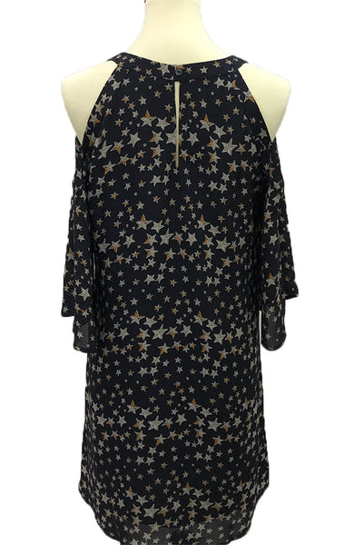 Navy, star dress pattern shift dress. With v-neck design and cutout shoulders. Fully lined.