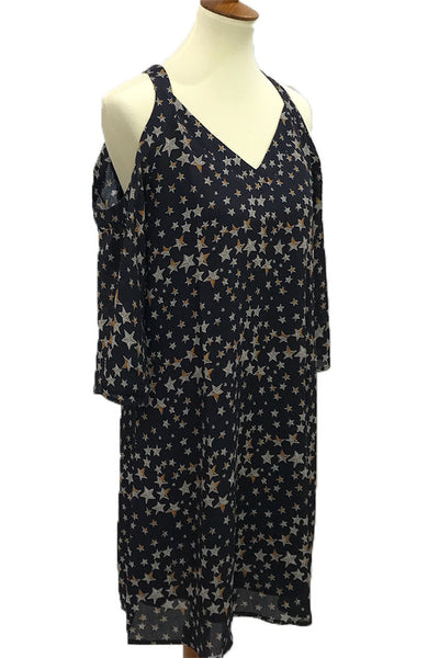 Navy, star dress pattern shift dress. With v-neck design and cutout shoulders. Fully lined.