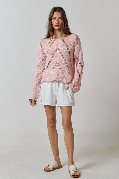 Stay effortlessly cool in our pink Boucle Light Weight Boat Neck Sweater Top. With a playful boat neckline and lightweight material, this sweet top is perfect for any casual outing. The perfect addition to your wardrobe!  Product Details:  100% polyester 