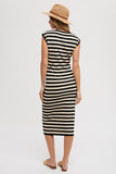 Our Striped Tank Midi Dress is the must have dress of the summer! This chic dress features a unique blend of contrasting stripe patterns in bold, complementary black and cream colors. The sleeveless tank-style top creates a vibrant yet sophisticated look, while the elegant midi length makes it perfect for any occasion. .  Product Features:  41% Acrylic, 37% Cotton, 22% Nylon Sleeveless Midi length