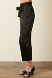 Sophisticated and classic define our black satin tie pants. These straight leg pants feature a satin woven fabric and paper bag waist.  Pair with a chic cami and blazer and you are date night ready! Product Details:  100% Polyester Elastic waist Belt tie Straight leg Side pockets