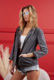 Get a tailored look with this single breasted charcoal washed denim blazer. Light weight, so perfect for pairing with your warmer weather outfits.   100% Cotton Front pockets Cuffed sleeves Open front