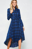A blue and black plaid pattern shirt dress featuring basic collar, button front, self-tie waist, long sleeves and hi-lo hem. This dress is made with medium weight fabric that has very beautiful patterns.