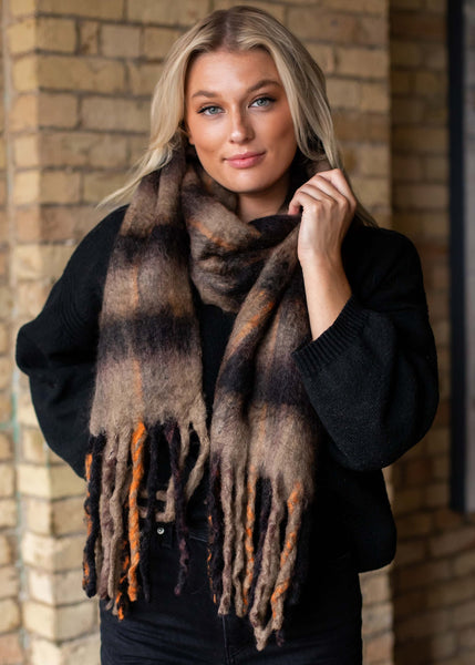 Brown Plaid Fringe Scarf