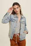 An absolute must have!! This effortlessly chic denim jacket is a classic! With a vintage, timeless feel, it will get heavy rotation in your wardrobe! The light indigo shade pairs perfectly with everything from dresses to skirts and everything in between.  Product Details:  100% Cotton Sturdy denim Structured collar Buttoning pockets and cuffs Functional pockets