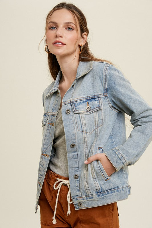 An absolute must have!! This effortlessly chic denim jacket is a classic! With a vintage, timeless feel, it will get heavy rotation in your wardrobe! The light indigo shade pairs perfectly with everything from dresses to skirts and everything in between.  Product Details:  100% Cotton Sturdy denim Structured collar Buttoning pockets and cuffs Functional pockets