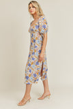 Sweeten up your look with this blue cream floral print midi dress. A versatile dress that can go from casual to dressy so easily. Featuring a sweetheart neckline and short puff sleeves. This dress is a must-have!  Product Details:  Sweetheart neckline More fitted bodice Short puff sleeves Side slit Smocked back
