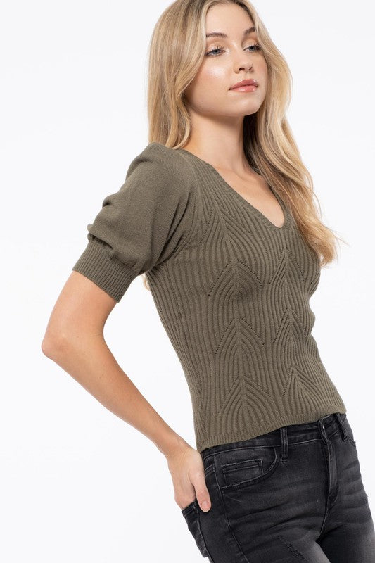 This geometric ribbed knit top screams Fall. Choose between perfect fall colors - olive or cognac. Featuring puff sleeves and v-neckline details.   Product Details:  Recommended to size up 3/4 Sleeves Puff Sleeves Geometric Detail Ribbed 50% Viscose, 26% Polyester, 24% Nylon