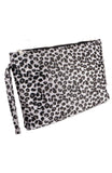 Grey leopard faux fur clutch with wrist strap