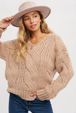 This latte chunky cable knit pullover sweater will be a stable in your closet. Featuring a v-neck and dropped shoulder, long sleeves. This relax fit sweater can be paired with a skirt and boots or your favorite pair of jeans! Product Details:  Cable knit pullover V-neckline Dropped shoulder Relaxed fit Long sleeves