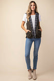 Two in one vest - plaid or sherpa - you decide! This reversible zip up hooded vest is perfect piece for colder temperatures. With a charcoal navy plaid on one side and super soft olive sherpa material on the reverse side, think of all the different outfit combos!