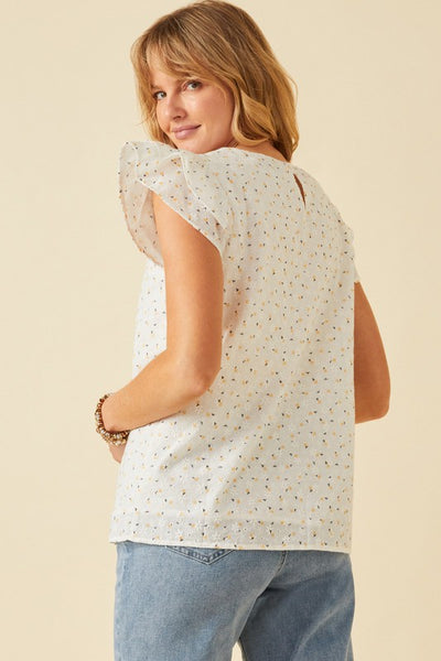 This ivory ditsy print eyelet top is so sweet. Featuring a luxe eyelet design that is oh-so feminine. With ruffle short sleeve design and back keyhole closure. Pair with your favorite jeans for an effortless warmer weather look.  Product Details:  100% cotton Lined Ditsy woven fabric Round cut neckline Back keyhole closure
