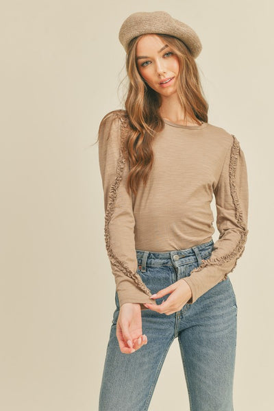 Easy and comfy like a good cup of coffee! This long sleeve top with ruffle detailing and classic toffee color that screams fall! Use as a layering piece or wear along with your favorite pair of jeans!  Product Details:   Long sleeve top with ruffle detail Round neck Ruffle detail down the sleeves Semi-fitted lightweight top Shorter length Model is 5' 9" 33-25.5-36 and wears a S