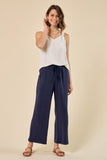 Take a break from jeans with these navy linen look pants. With a flattering straight leg style and lightweight material, they are the perfect warm weather pant.  Product Details:  60% Rayon, 40% Linen, Lining 100% Cotton Length 38 1/2