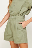 The cutest season transitional outfit is here! This sage green utility style romper will become your Spring/Summer go to piece!  Product Details:  Rolled sleeve detailing Front button down  Back pockets