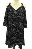 Navy, star dress pattern shift dress. With v-neck design and cutout shoulders. Fully lined.