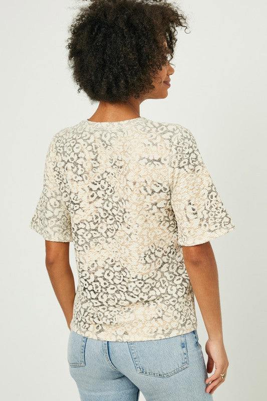 Snag this unique cream leopard textured print tee with flutter short sleeves for your closet! A relaxed fit, lightweight top with lurex fabric to give it a subtle metallic shine. Product Details:  95% rayon, 5% spandex Textured lurex leopard fabric Round-cut neckline Pull-on silhouette Flutter short sleeves Hand wash Sizing - Sm - bust 35-36", Md - bust 37-38", Lg - bust 39-40"