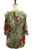 Gorgeous vibrant floral v-neck open shoulder top. This top is very comfortable and easy to wear. Fits true to size.  100% Rayon.