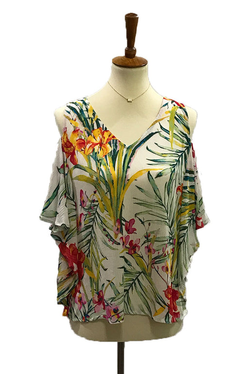 Gorgeous vibrant floral v-neck open shoulder top. This top is very comfortable and easy to wear. Fits true to size.  100% Rayon.