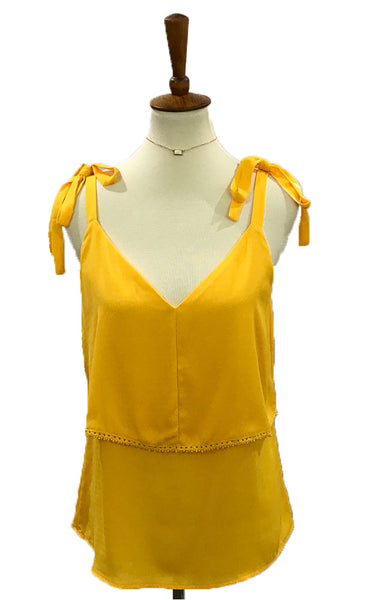 V-neck, layered bright yellow tank, with bow tie shoulders and back detail.