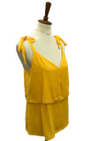 V-neck, layered bright yellow tank, with bow tie shoulders and back detail.