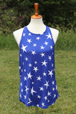 Festive royal blue lightweight star racerback tank top. The fit is flowy and true to size. Pair with shorts and a bralette and you have the perfect Fourth of July outfit!  