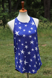 Festive royal blue lightweight star racerback tank top. The fit is flowy and true to size. Pair with shorts and a bralette and you have the perfect Fourth of July outfit!  